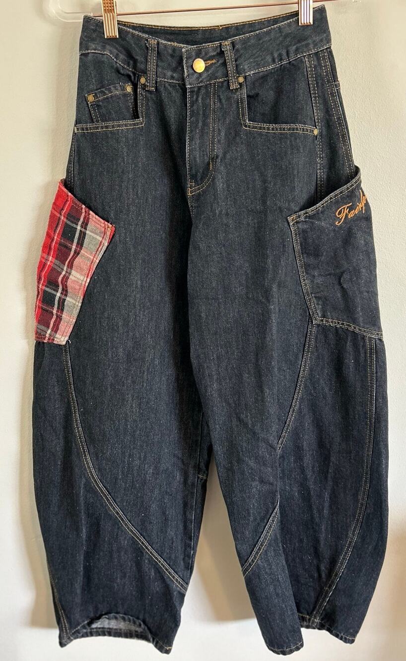 Aelfric Eden Barrel Leg Carpenter Jeans 26 Dark Wash Plaid Pocket Y2K Streetwear